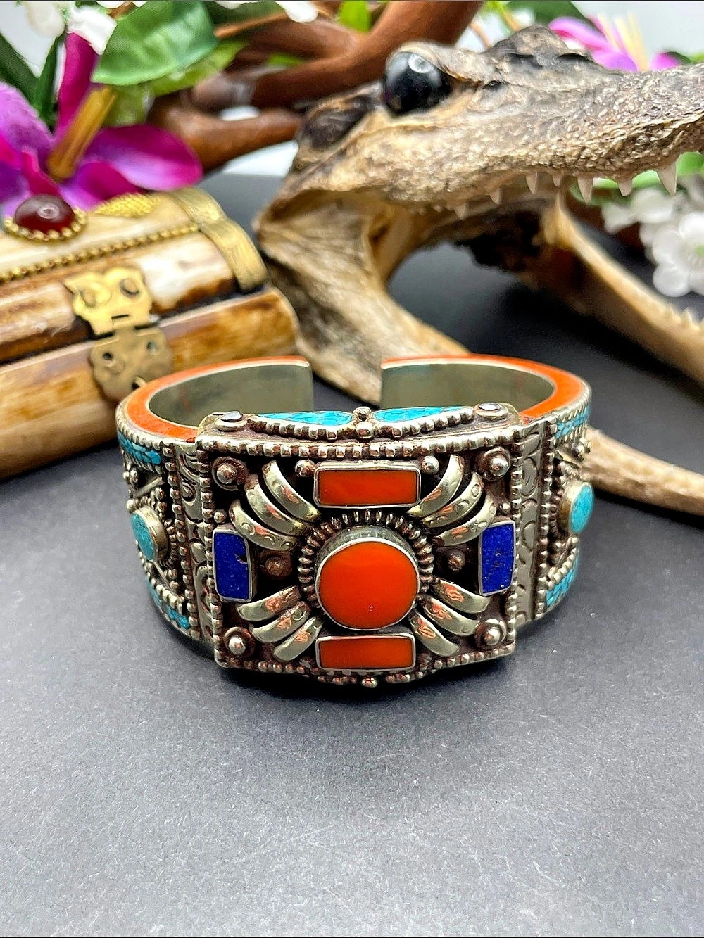 Middle eastern coral, lapis, and turquoises inlay hinged cuff bracelet vintage